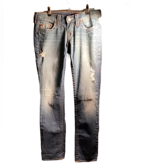 True Religion Stevie low rise medium wash Stretch Slim Distressed denim jeans 29 - Picture 2 of 6